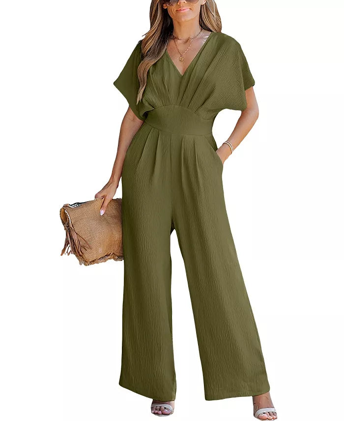 Women's V-Neck Short Sleeve Straight Leg Jumpsuit