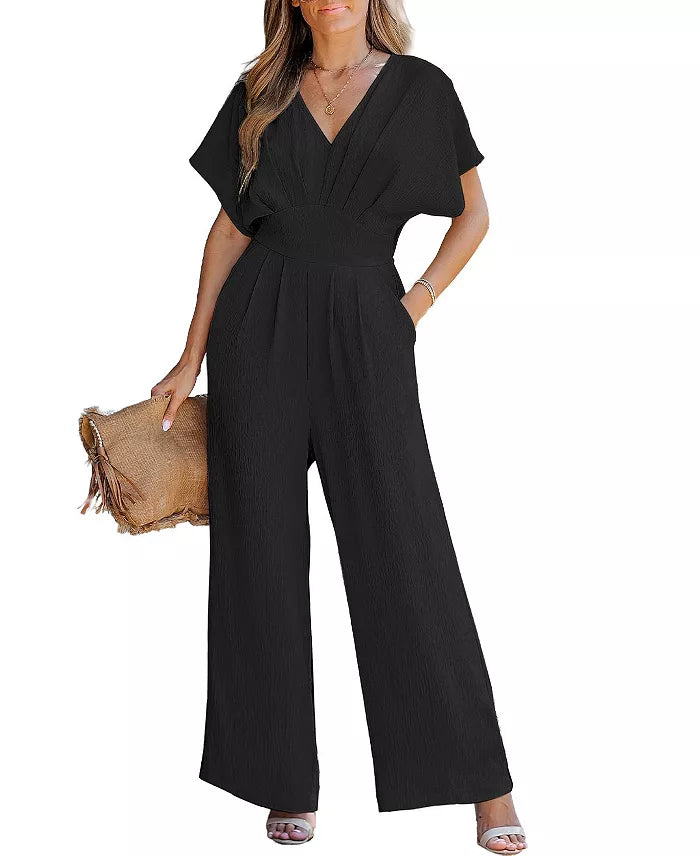 Women's V-Neck Short Sleeve Straight Leg Jumpsuit