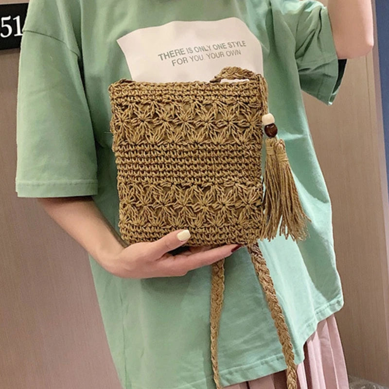 Women Beach Woven Straw Shoulder Messenger Bag with Tassel Boho Hollow Out Crochet Crossbody Handbag Macrame Clutch Purse with