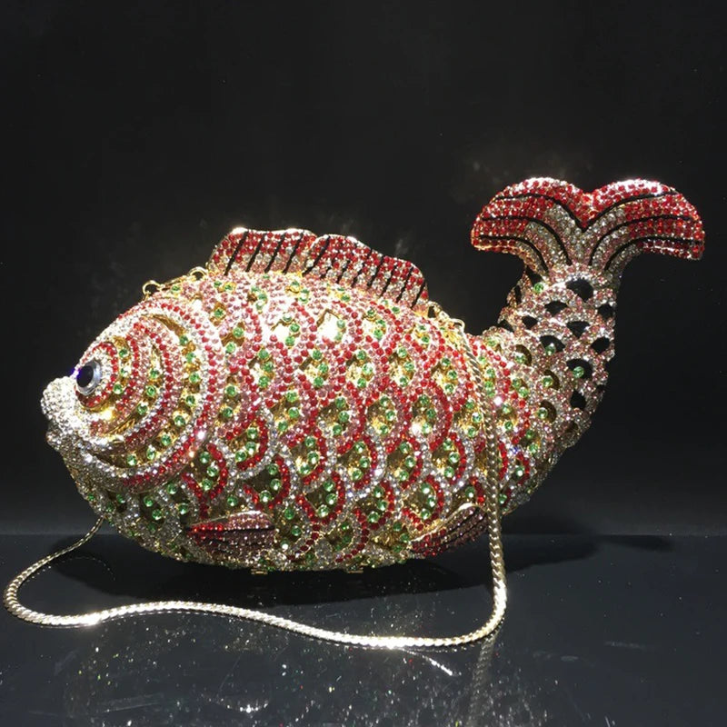 Red/Orange Fish Crystal Mini Evening Bag Diamond Women Dinner Purses Luxury Lady Rhinestone Bling Party Cocktail Handbags