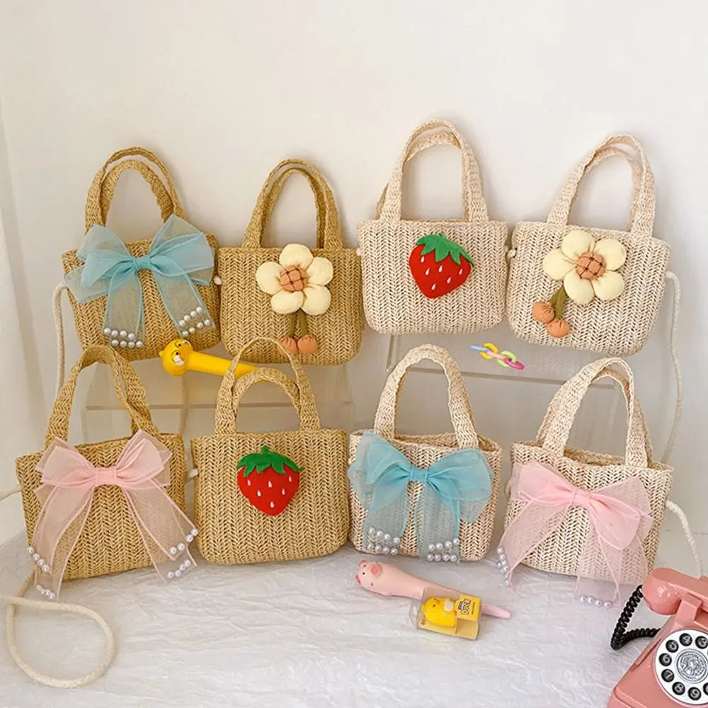 Handmade Woven Girl Straw Bag Summer Zipper Mesh Bow Crossbody Handbag Coin Purse Photo Props Kid Beach Bags