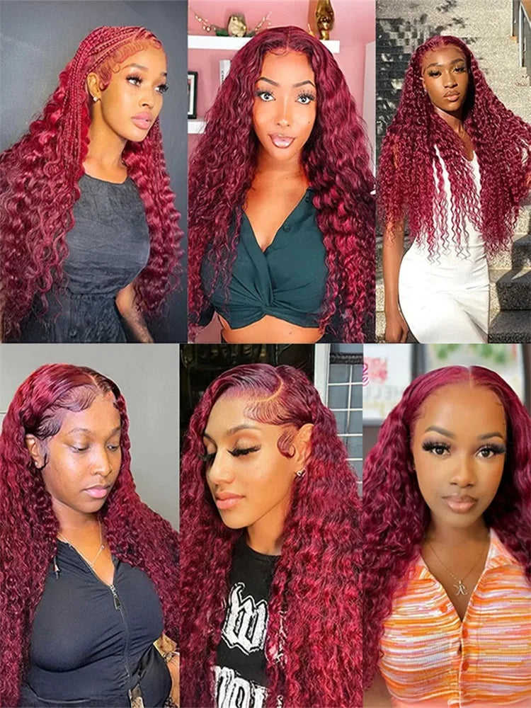 100% Human Hair Deep Wave 99J Burgundy 13x4 Lace Frontal Wig 13x6 Curly 30 40 Inch HD Lace Front Wigs Red Water Kinky Brazilian