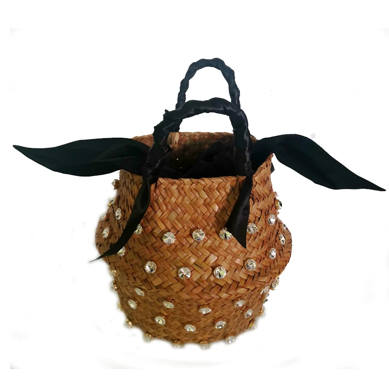 Handmade Sewing Holiday Fashion Crystal Woven Basket Diamond Tote Luxury Beach Resort Retro Handbag Bag Women Design Straw 2023