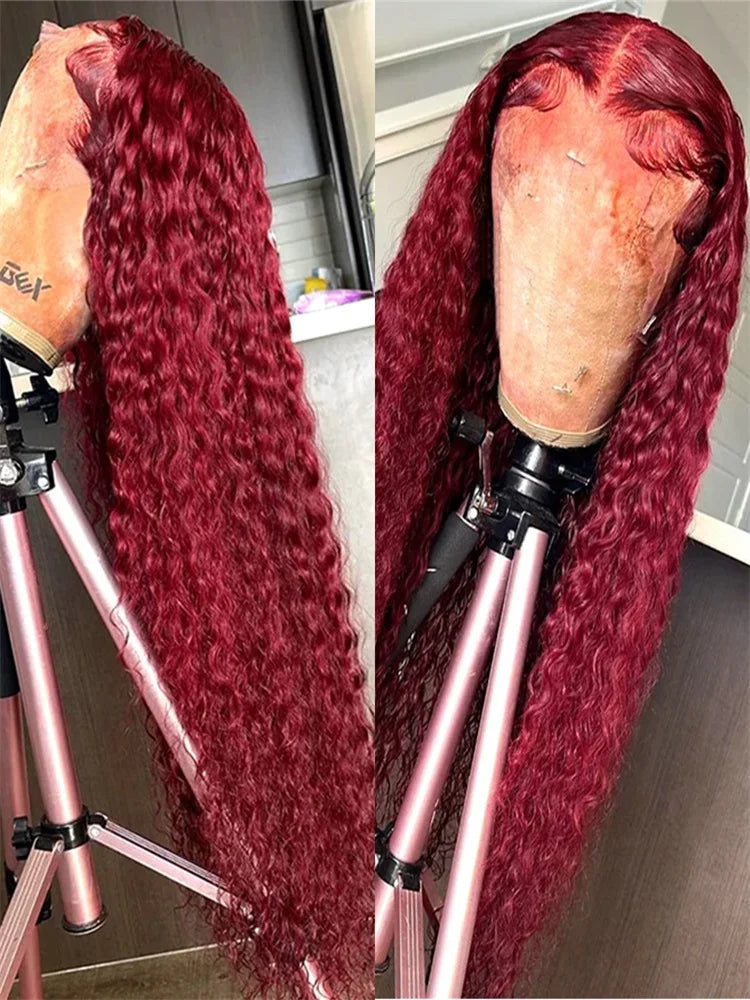 100% Human Hair Deep Wave 99J Burgundy 13x4 Lace Frontal Wig 13x6 Curly 30 40 Inch HD Lace Front Wigs Red Water Kinky Brazilian