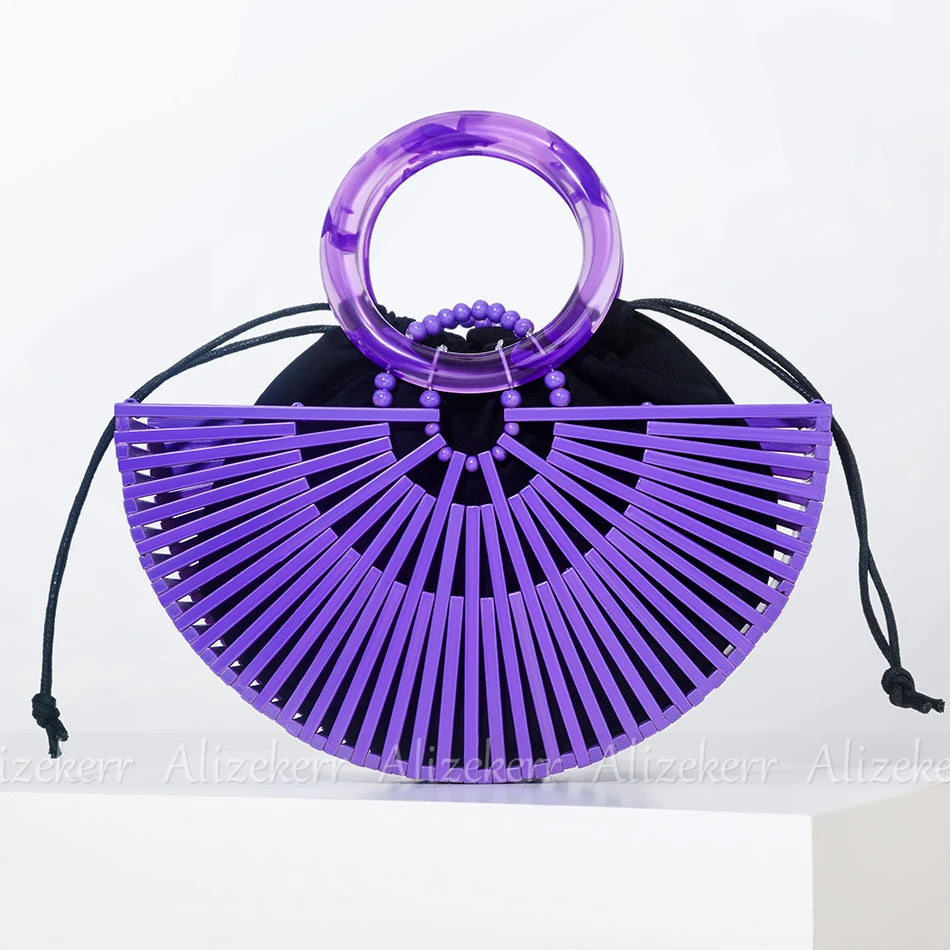 Vintage Half Round Bamboo Beach Handbags Women 2023 Summer Hollow Out Round Acrylic Handle Woven Straw Bags High Quality Holiday