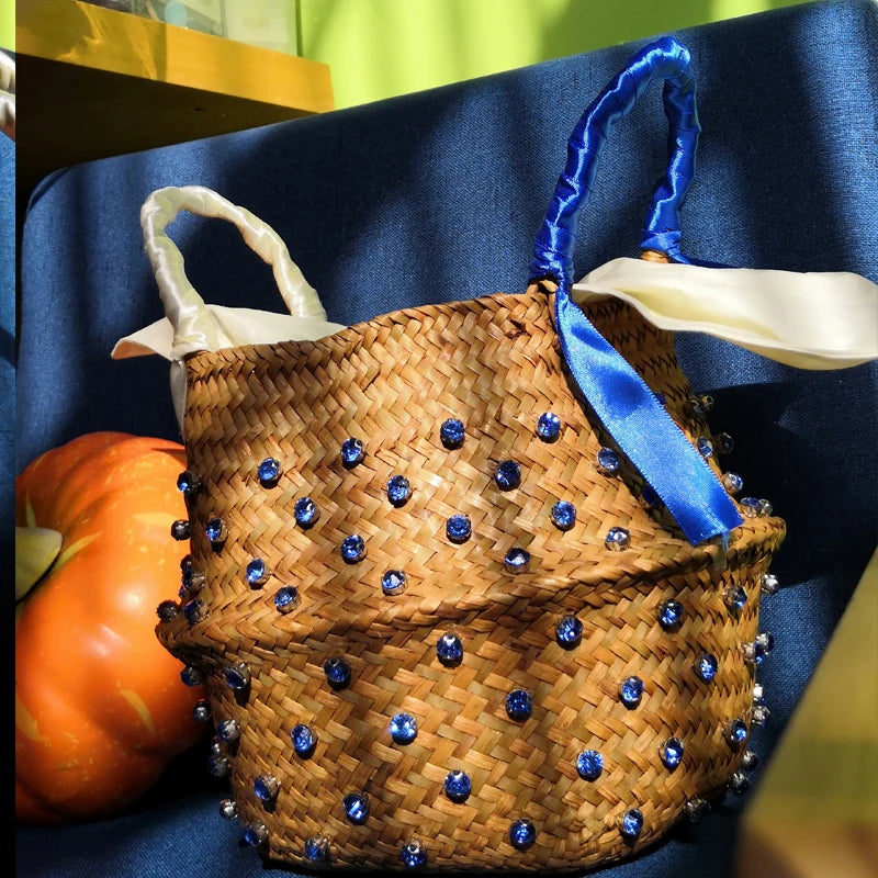 Handmade Sewing Holiday Fashion Crystal Woven Basket Diamond Tote Luxury Beach Resort Retro Handbag Bag Women Design Straw 2023