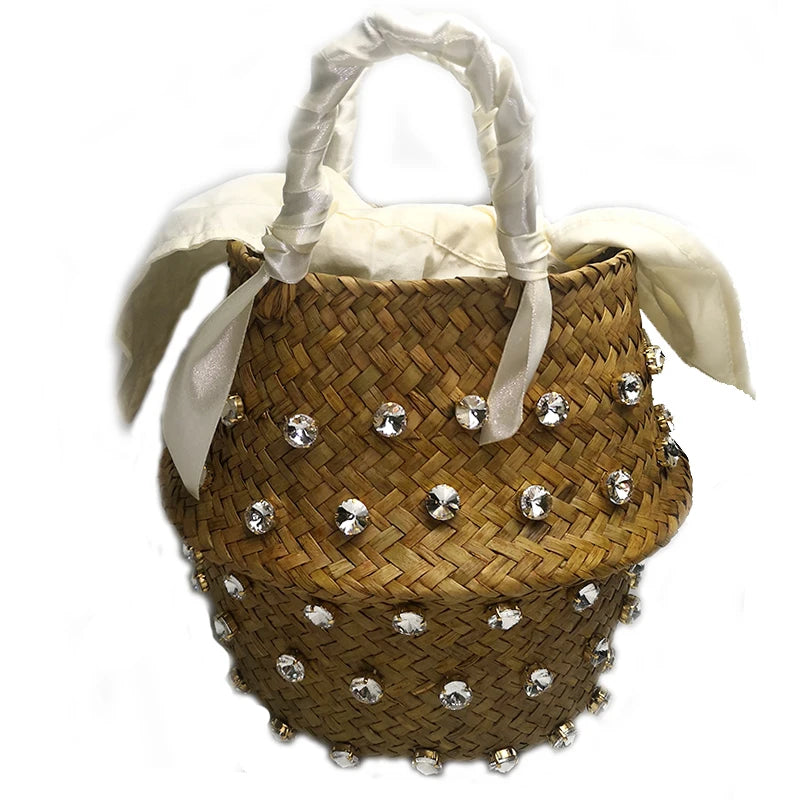 Handmade Sewing Holiday Fashion Crystal Woven Basket Diamond Tote Luxury Beach Resort Retro Handbag Bag Women Design Straw 2023