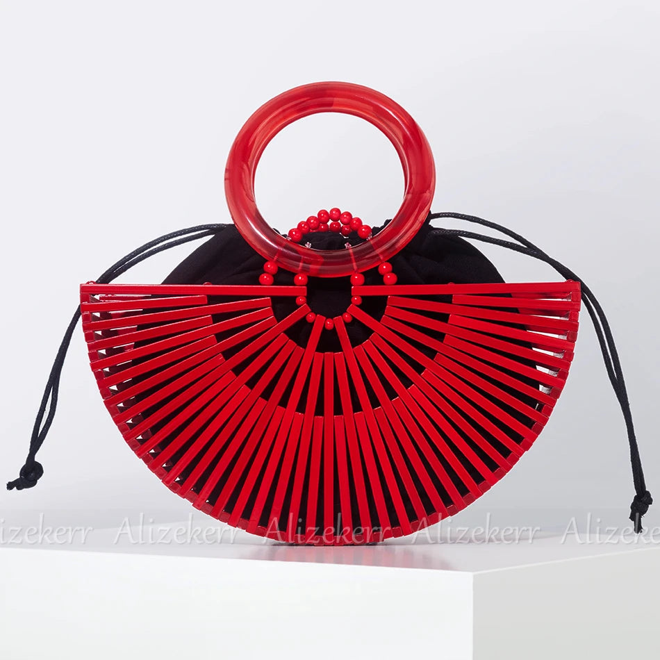 Vintage Half Round Bamboo Beach Handbags Women 2023 Summer Hollow Out Round Acrylic Handle Woven Straw Bags High Quality Holiday