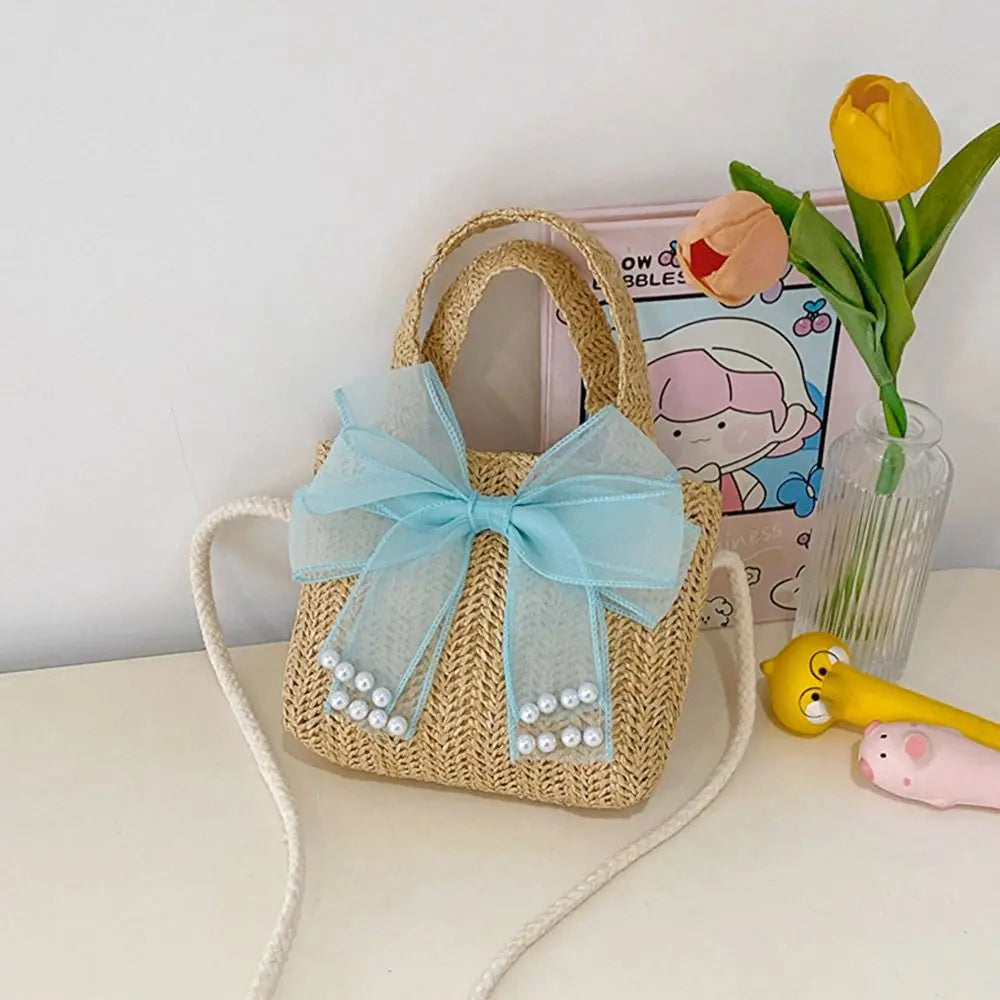 Handmade Woven Girl Straw Bag Summer Zipper Mesh Bow Crossbody Handbag Coin Purse Photo Props Kid Beach Bags