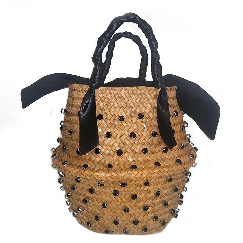 Handmade Sewing Holiday Fashion Crystal Woven Basket Diamond Tote Luxury Beach Resort Retro Handbag Bag Women Design Straw 2023