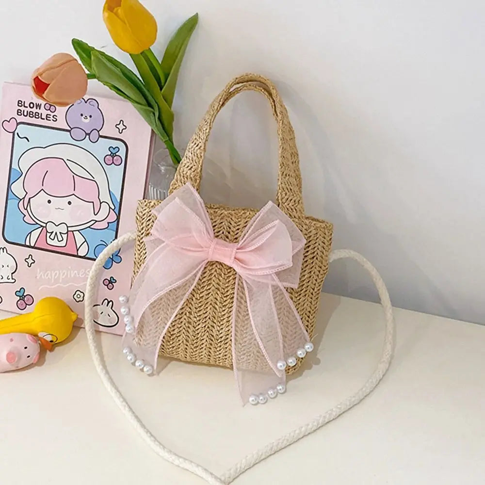Handmade Woven Girl Straw Bag Summer Zipper Mesh Bow Crossbody Handbag Coin Purse Photo Props Kid Beach Bags