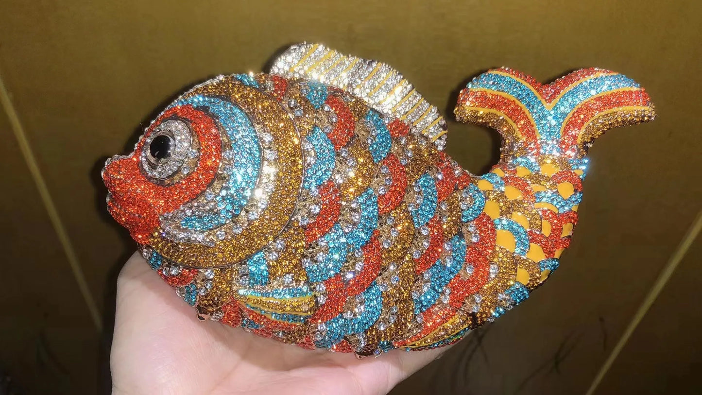 Red/Orange Fish Crystal Mini Evening Bag Diamond Women Dinner Purses Luxury Lady Rhinestone Bling Party Cocktail Handbags