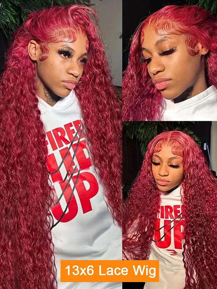 100% Human Hair Deep Wave 99J Burgundy 13x4 Lace Frontal Wig 13x6 Curly 30 40 Inch HD Lace Front Wigs Red Water Kinky Brazilian