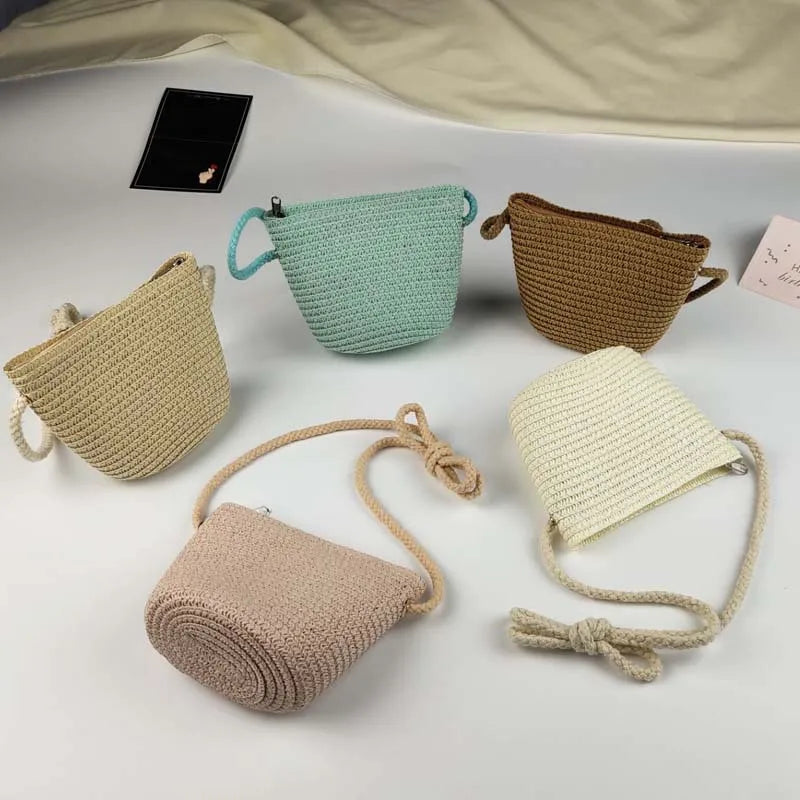 Summer Children's Straw Bag Straw Hat Cute Mini Beach Bag Boys and Girls Shoulder Crossbody Bags Small Sun Hats Kids Coin Purse