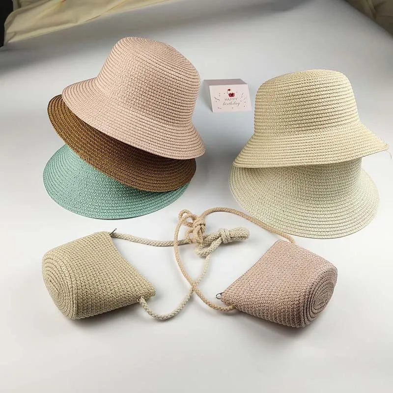 Summer Children's Straw Bag Straw Hat Cute Mini Beach Bag Boys and Girls Shoulder Crossbody Bags Small Sun Hats Kids Coin Purse