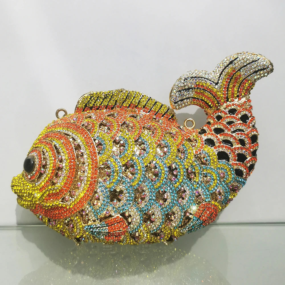 Red/Orange Fish Crystal Mini Evening Bag Diamond Women Dinner Purses Luxury Lady Rhinestone Bling Party Cocktail Handbags