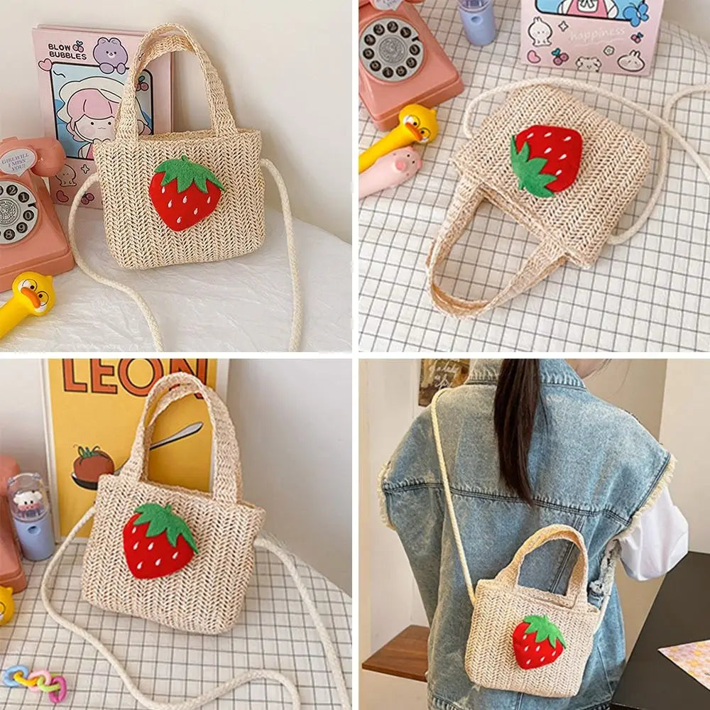 Handmade Woven Girl Straw Bag Summer Zipper Mesh Bow Crossbody Handbag Coin Purse Photo Props Kid Beach Bags