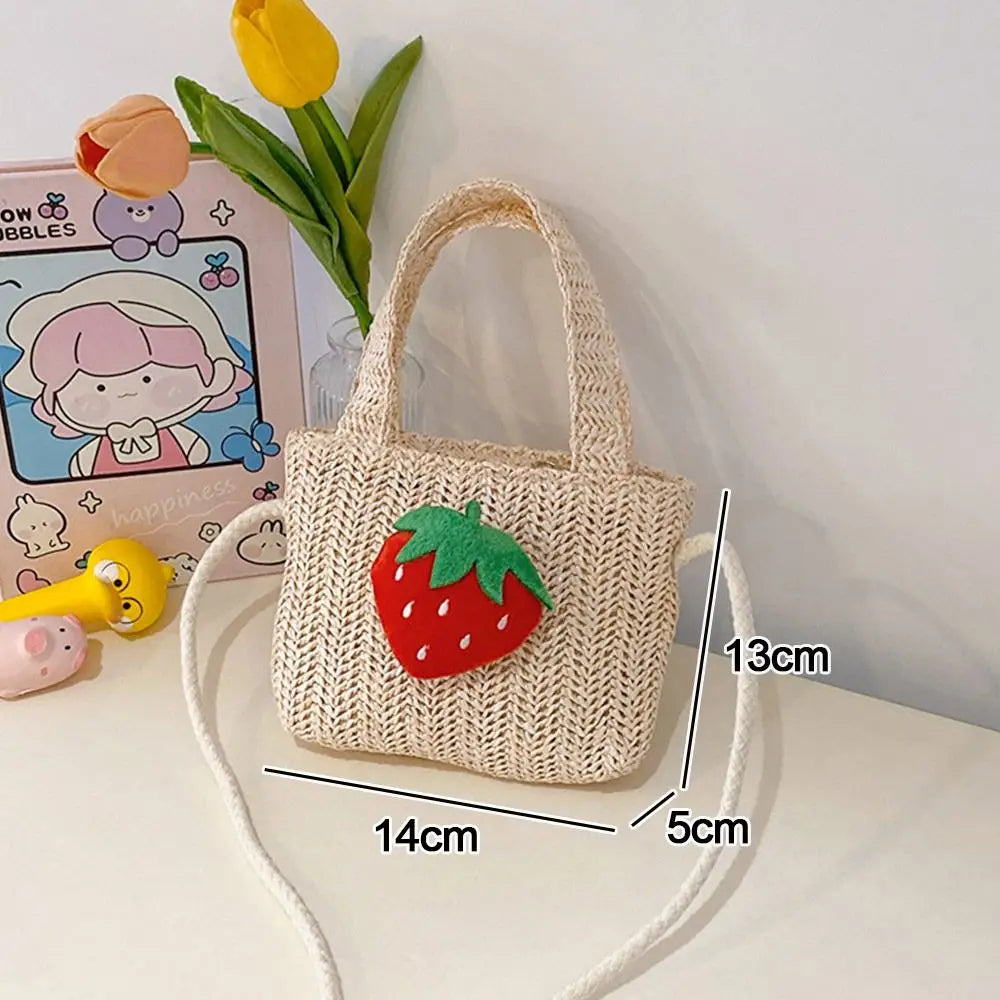 Handmade Woven Girl Straw Bag Summer Zipper Mesh Bow Crossbody Handbag Coin Purse Photo Props Kid Beach Bags