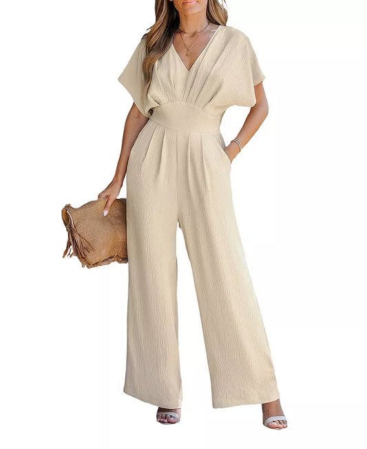 Women's V-Neck Short Sleeve Straight Leg Jumpsuit
