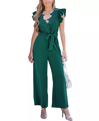 Women's Lace Ruffle Sleeve V-Neck Jumpsuit