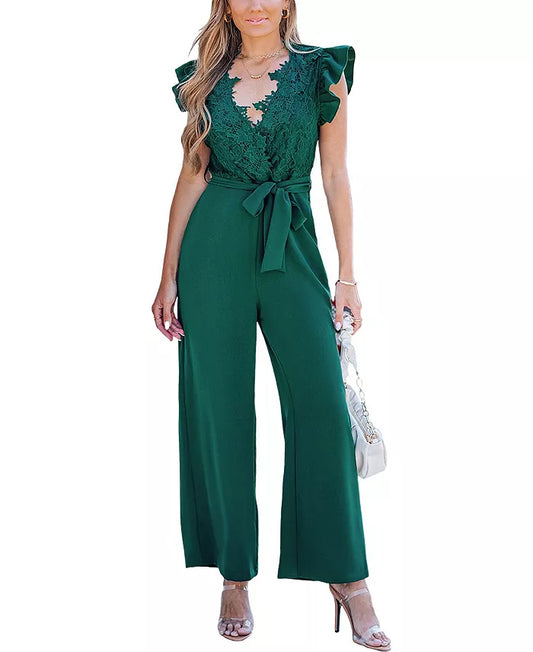 Women's Lace Ruffle Sleeve V-Neck Jumpsuit