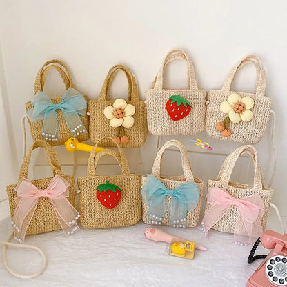 Handmade Woven Girl Straw Bag Summer Zipper Mesh Bow Crossbody Handbag Coin Purse Photo Props Kid Beach Bags