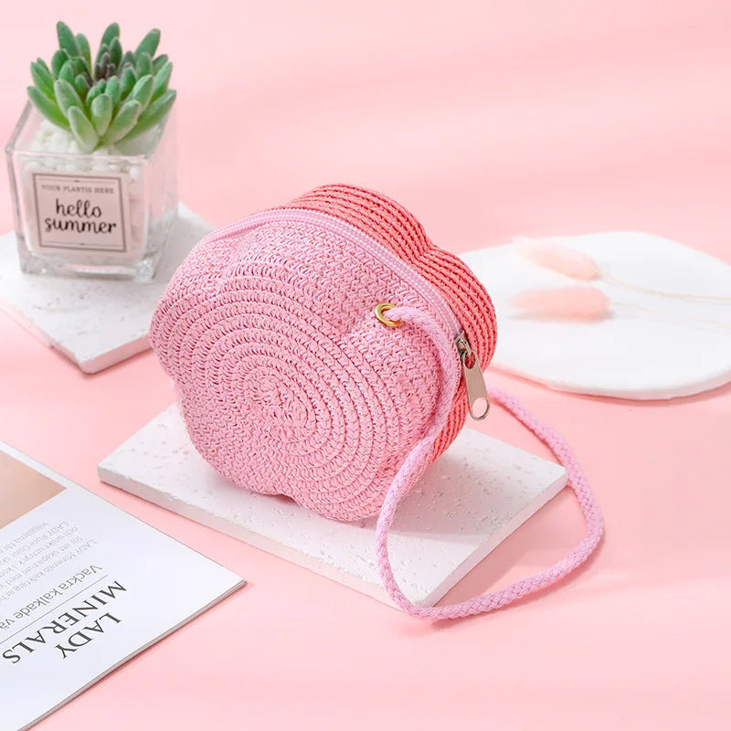 Summer Travel Children's Straw Shoulder Bags Flower Knitted Baby Girls Beach Coin Purse Seaside Cute Kids Woven Crossbody Bag