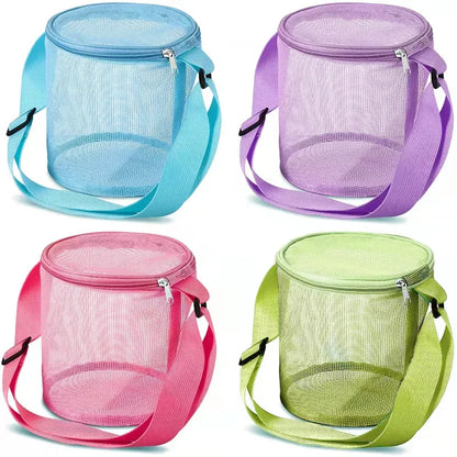 Mesh Beach Bag for Kids Toy Organizer Net Zipper Adjustable Shoulder Strap Storage Pouch Child Shell Collecting Bag Round Bucket