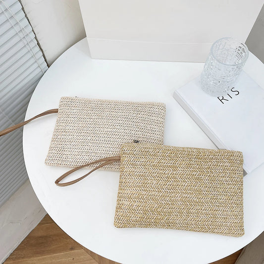 Women Beach Summer Clutch Wristlet Bag Bohemian Woven Style Solid Color Purse Beach Bag Clutch New Fashion Lady Women