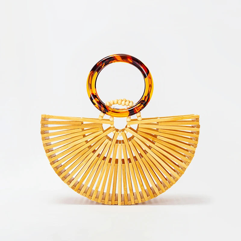 Vintage Half Round Bamboo Beach Handbags Women 2023 Summer Hollow Out Round Acrylic Handle Woven Straw Bags High Quality Holiday