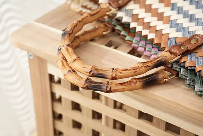 Vintage Bamboom Handle Rattan Women Handbags Wicker Woven Basket Bag Handmade Summer Beach Straw Bag Casual Small Tote Purses