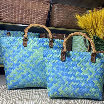 Vintage Bamboom Handle Rattan Women Handbags Wicker Woven Basket Bag Handmade Summer Beach Straw Bag Casual Small Tote Purses