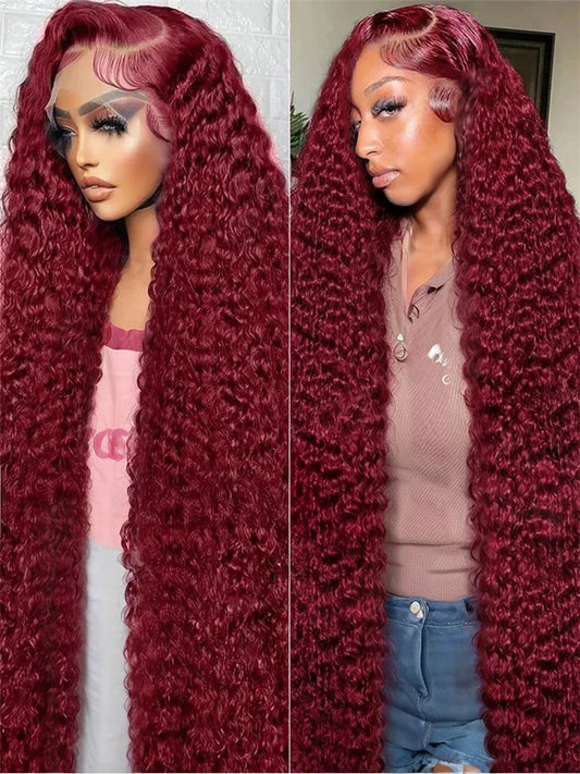 100% Human Hair Deep Wave 99J Burgundy 13x4 Lace Frontal Wig 13x6 Curly 30 40 Inch HD Lace Front Wigs Red Water Kinky Brazilian