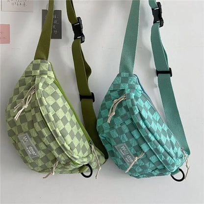 Korean Retro Chessboard Chest Bag Women's Japanese Versatile Leisure Large Capacity Messenger Bag Men's Sports Waist Bag Fashion