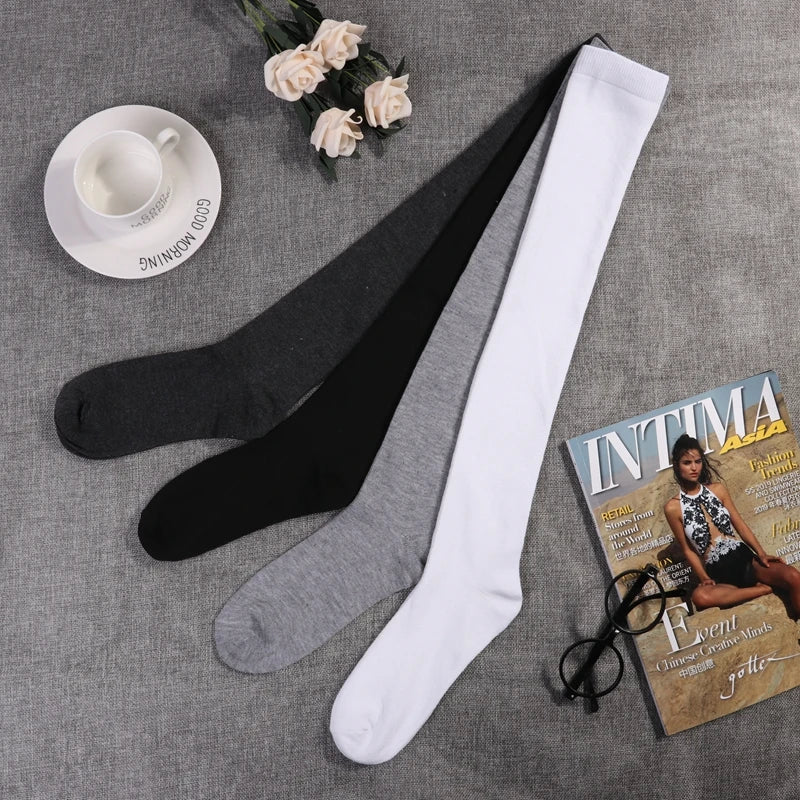 Women's Solid Stockings White Black JK School Student Knee Socks Opaque Over Knee Thigh High Elastic Sexy Stocking