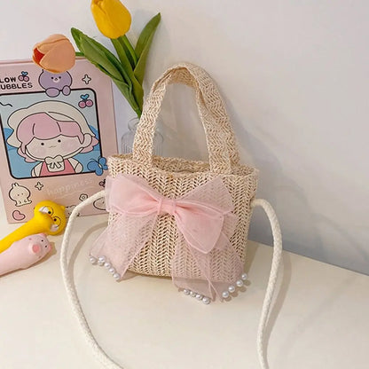 Handmade Woven Girl Straw Bag Summer Zipper Mesh Bow Crossbody Handbag Coin Purse Photo Props Kid Beach Bags