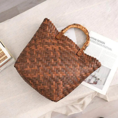 Vintage Bamboom Handle Rattan Women Handbags Wicker Woven Basket Bag Handmade Summer Beach Straw Bag Casual Small Tote Purses