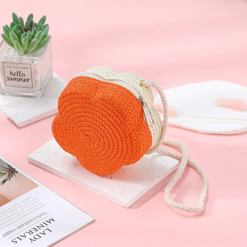 Summer Travel Children's Straw Shoulder Bags Flower Knitted Baby Girls Beach Coin Purse Seaside Cute Kids Woven Crossbody Bag