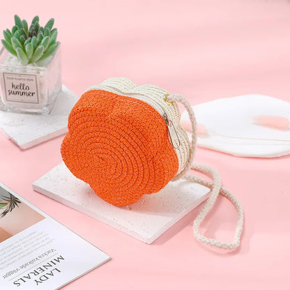 Summer Travel Children's Straw Shoulder Bags Flower Knitted Baby Girls Beach Coin Purse Seaside Cute Kids Woven Crossbody Bag