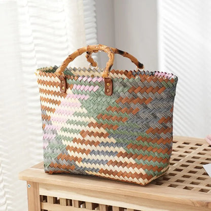 Vintage Bamboom Handle Rattan Women Handbags Wicker Woven Basket Bag Handmade Summer Beach Straw Bag Casual Small Tote Purses