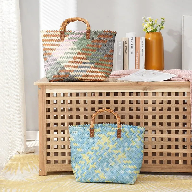 Vintage Bamboom Handle Rattan Women Handbags Wicker Woven Basket Bag Handmade Summer Beach Straw Bag Casual Small Tote Purses