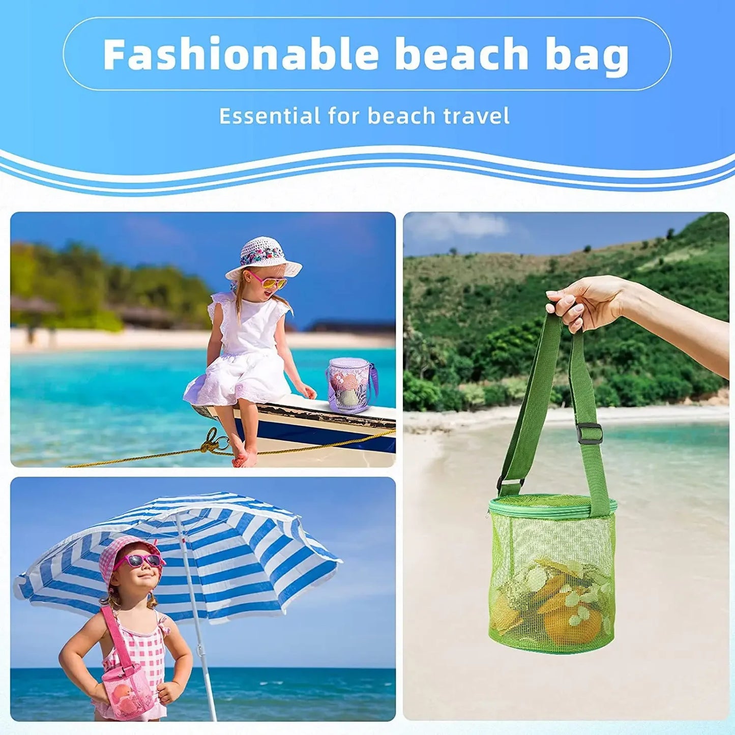Mesh Beach Bag for Kids Toy Organizer Net Zipper Adjustable Shoulder Strap Storage Pouch Child Shell Collecting Bag Round Bucket