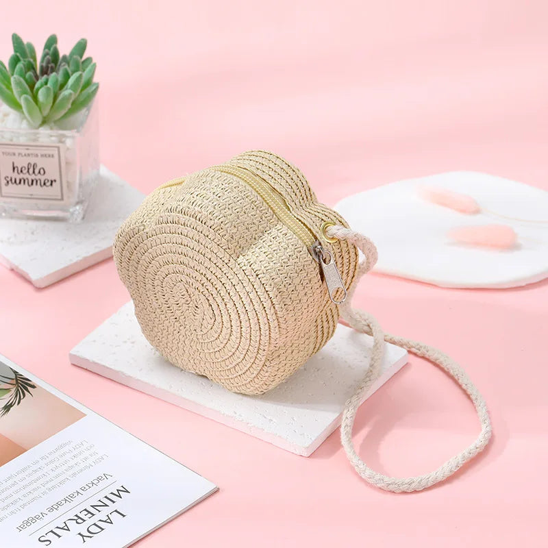Summer Travel Children's Straw Shoulder Bags Flower Knitted Baby Girls Beach Coin Purse Seaside Cute Kids Woven Crossbody Bag