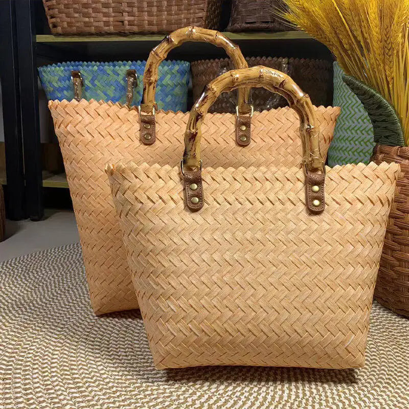Vintage Bamboom Handle Rattan Women Handbags Wicker Woven Basket Bag Handmade Summer Beach Straw Bag Casual Small Tote Purses