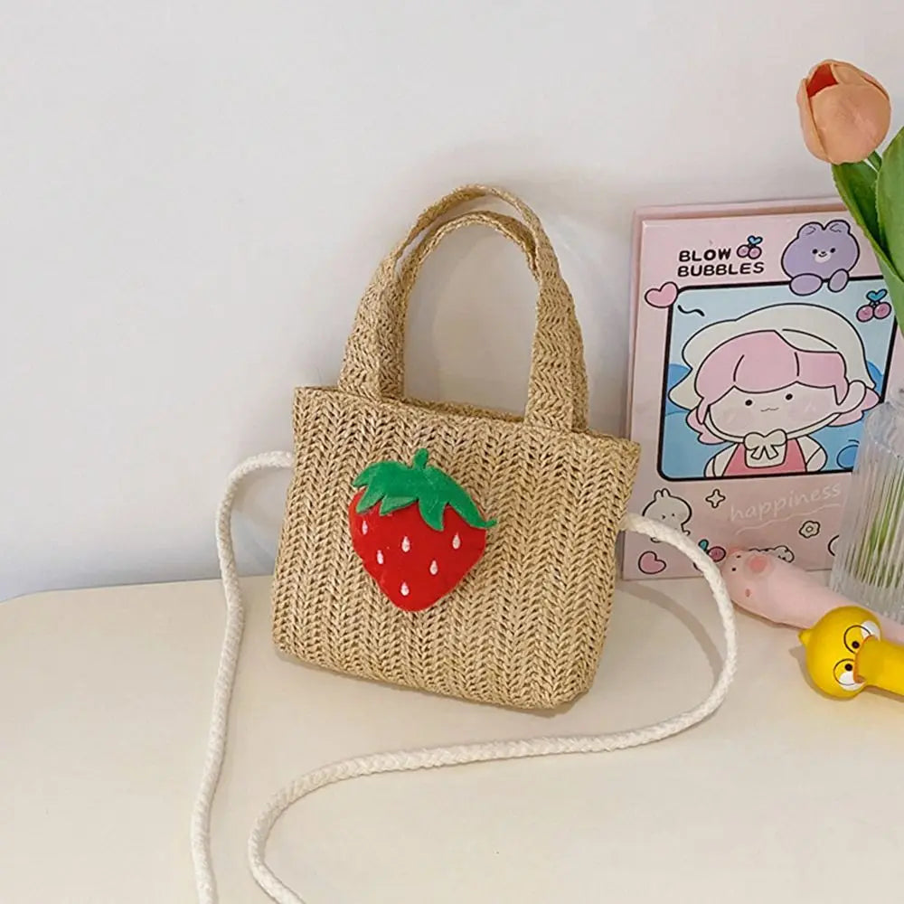 Handmade Woven Girl Straw Bag Summer Zipper Mesh Bow Crossbody Handbag Coin Purse Photo Props Kid Beach Bags