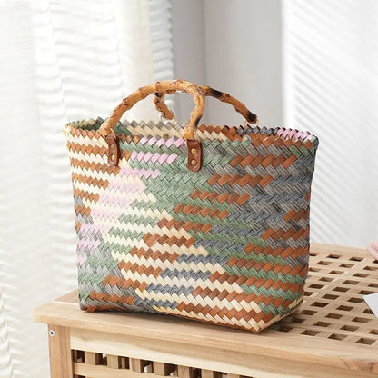 Vintage Bamboom Handle Rattan Women Handbags Wicker Woven Basket Bag Handmade Summer Beach Straw Bag Casual Small Tote Purses