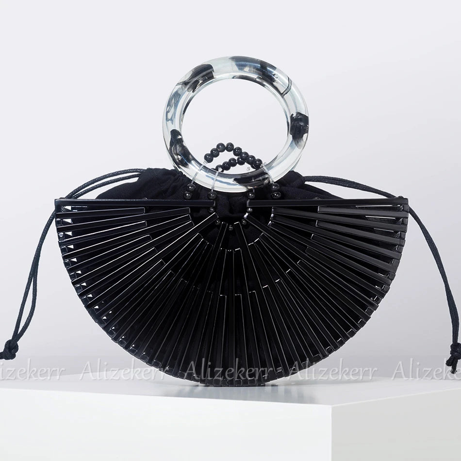 Vintage Half Round Bamboo Beach Handbags Women 2023 Summer Hollow Out Round Acrylic Handle Woven Straw Bags High Quality Holiday