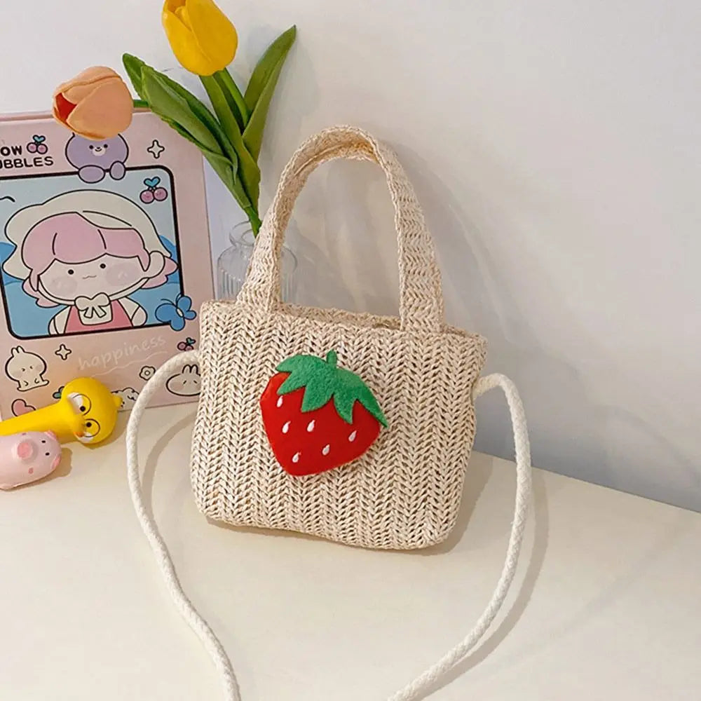 Handmade Woven Girl Straw Bag Summer Zipper Mesh Bow Crossbody Handbag Coin Purse Photo Props Kid Beach Bags
