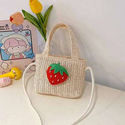 Handmade Woven Girl Straw Bag Summer Zipper Mesh Bow Crossbody Handbag Coin Purse Photo Props Kid Beach Bags