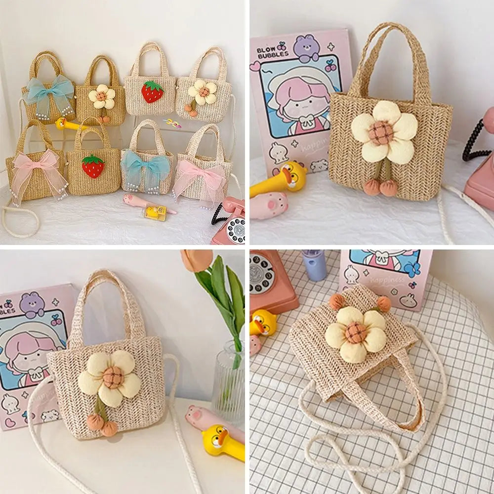 Handmade Woven Girl Straw Bag Summer Zipper Mesh Bow Crossbody Handbag Coin Purse Photo Props Kid Beach Bags